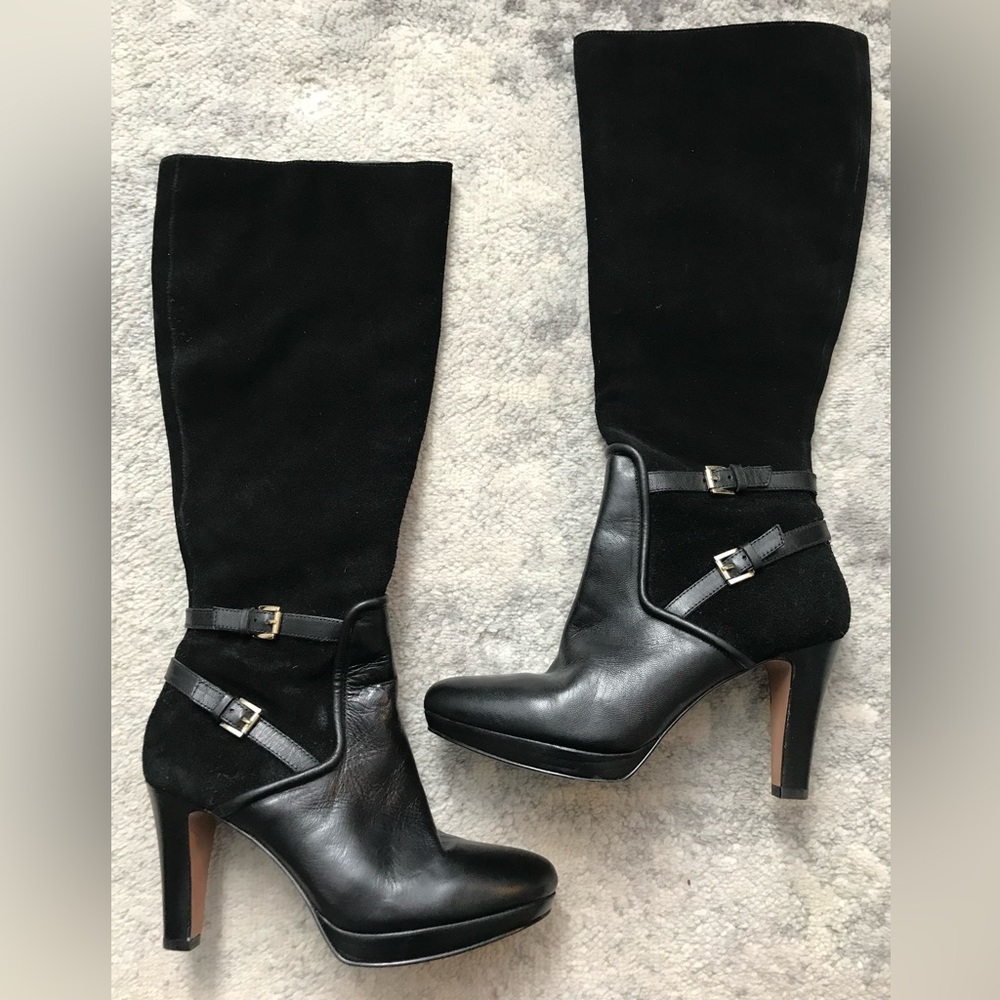 Nine West Friggid Black Strappy Tall Heeled Leather Suede Boots 8.5 Zip Sexy